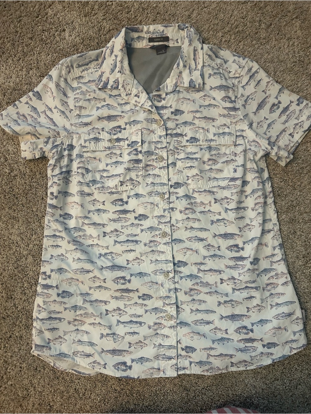 Eddie Bauer Women's Fish Print Short Sleeve Button Down Shirt Size Small S